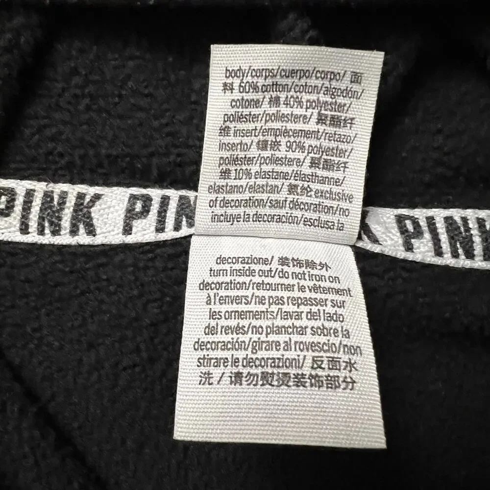 PINK Victoria's Secret Women's M Cropped Hoodie Black Velvet Logo Lace Y2K
